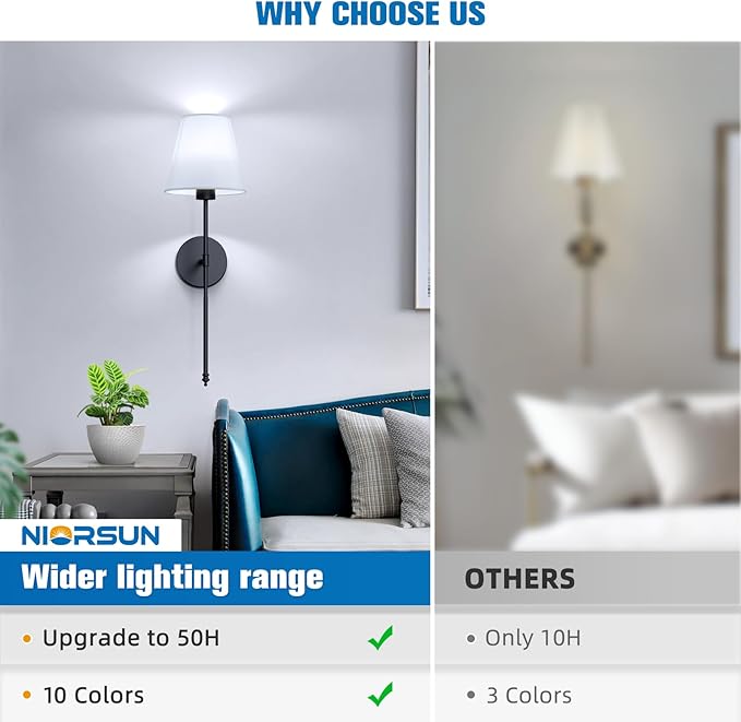 NIORSUN Battery Operated Wall Sconce Set of 2,Black Rechargeable Wall Lights with 10400mAh Dimmable Bulbs and Remote,10 Colors Wireless Wall Lamps for Bedroom Living Room Hallway Decor