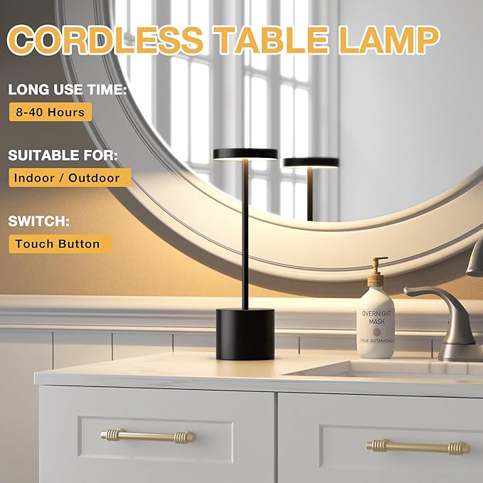 Black Cordless Table Lamp, 4000mAh Rechargeable Battery Powered Lamps, 3 Color Stepless Dimming, LED Wireless Outdoor Lamps for Dining Room, Bedroom, Bar, Cafe, Restaurant, Patio, Camping, Set of 2