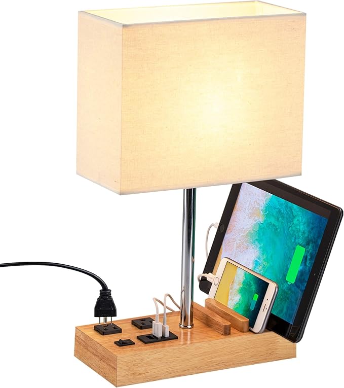 Briever USB Table Lamp, Multi-Functional Desk Lamp with 2 AC Outlets, Bedside Lamp with 3 USB Charging Ports and Wooden Phone Stands, Nightstand Lamp for Bedroom, Livingroom, Office, Natural Wood