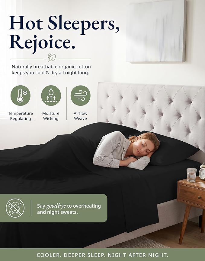LANE LINEN 100% Organic Cotton Twin XL Fitted Sheet & Pillowcase - Soft & Breathable Percale Weave Set for Naturally Cooling Behaviour - 15''Deep Pocket for Snug Fit - GOTS Certified - Black