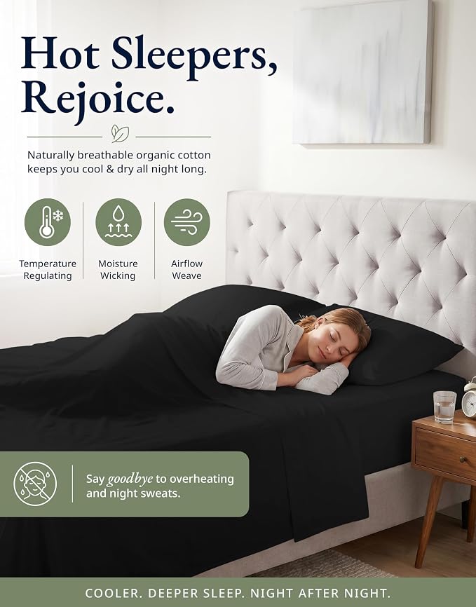 LANE LINEN 100% Organic Cotton Fitted Sheet Queen (+Pillowcases) 3-Piece Set Soft & Comfy Hotel Style Percale Weave Sustainably Produced Queen Size only 15" Deep - Black Fitted Sheet