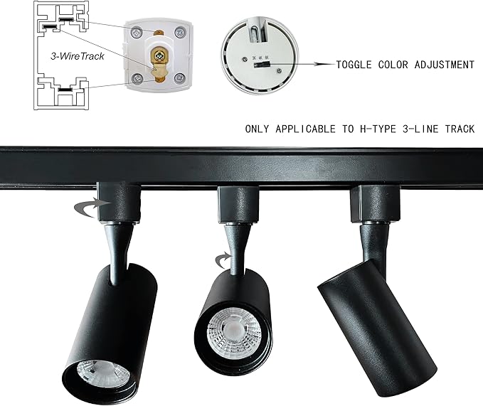 3 Colour LED Track Lighting Heads 6 Pack 12W Dimmable Single Circuit H Type Rail Ceiling Spotlight for Accent Task Wall Art Exhibition Lighting 90 CRI 24° Black