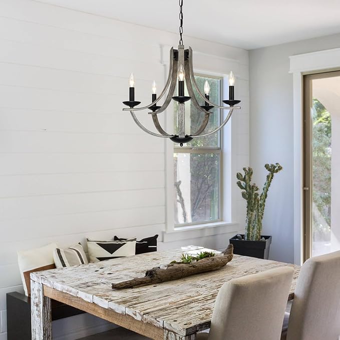 LAMPKEDUO Rustic Farmhouse Chandeliers for Dining Room, 5-Light 24 inch Faux Wood Texture Hanging Light Fixture, Candle Style Chandelier for Living Room Kitchen Island Foyer Entryway