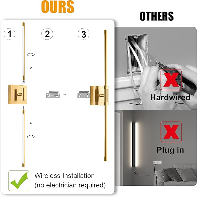 10000mAh Battery Operated Wall Sconces Set of 2, 3 Color Dimmable Rechargeable Wall Light with Remote, 30 Inch Gold Wireless Sconces Wall Decor with Timer Function for Living Room, Bedroom, TV