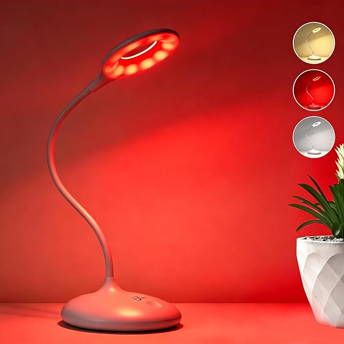 Rechargeable Desk Lamp, 3 Color Modes with Red Light Therapy & Eye Protection Orange Light, Stepless Dimming Touch Control, No Blue Light, Portable Cordless Reading Lamp for Bedroom Office Students