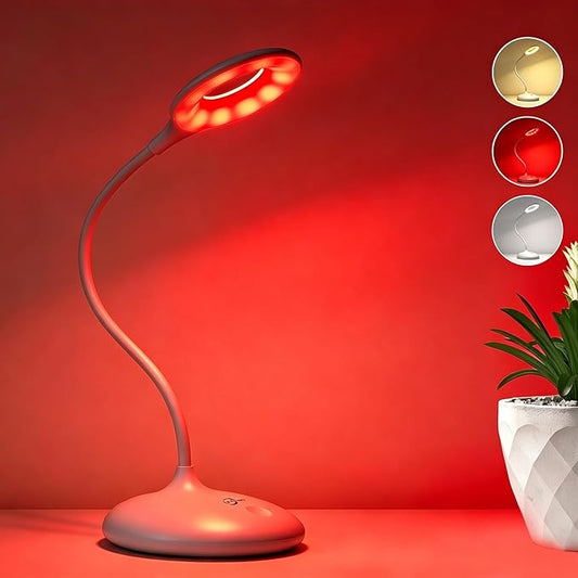 Rechargeable Desk Lamp, 3 Color Modes with Red Light Therapy & Eye Protection Orange Light, Stepless Dimming Touch Control, No Blue Light, Portable Cordless Reading Lamp for Bedroom Office Students