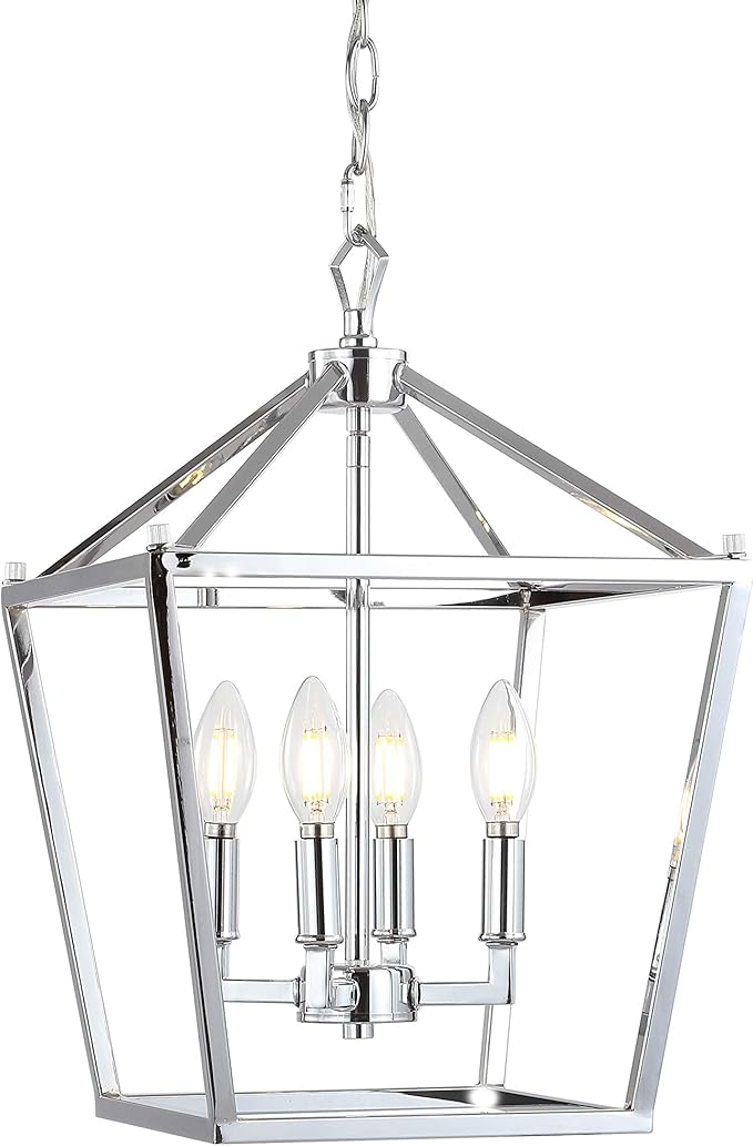 JONATHAN Y 12" Chrome Lantern Pendant Light, 1-Light Pagoda Style Metal Cage Farmhouse Hanging Ceiling Fixture for Kitchen Island, LED Bulb Included (JYL7436C)