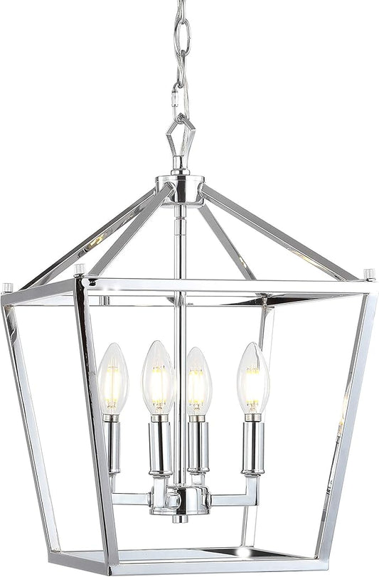 JONATHAN Y 12" Chrome Lantern Pendant Light, 1-Light Pagoda Style Metal Cage Farmhouse Hanging Ceiling Fixture for Kitchen Island, LED Bulb Included (JYL7436C)