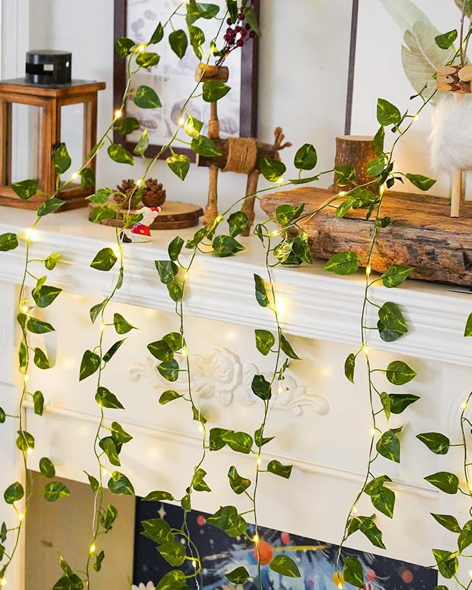 KASZOO 33ft 100 LED Vine with Fairy Lights - Pothos String Lights Battery/USB Operated, Ivy Garland with Remote, Leaf Lights for Bedroom Garden Party Wall Room Decor