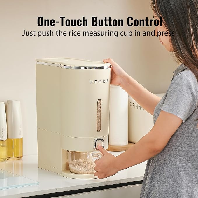UFORU Rice Dispenser, 22 Lbs Rice Storage Container with Measuring Cup for Kitchen Pantry Household, Cereal Dry Food Storage Containers Airtight, Sealed Moisture Proof, Cream White