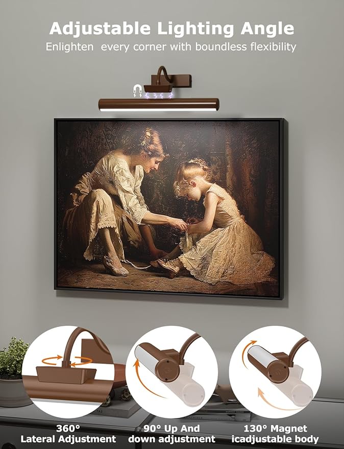 13" Aluminum Wireless Picture Lights for Wall, 5000mAh Rechargeable Battery Operated Wall Art Lighting, Dimmable 3-Color Gallery Painting Light for Pictures On Wall, with Remote/Timer [Bronze, 1Pack]