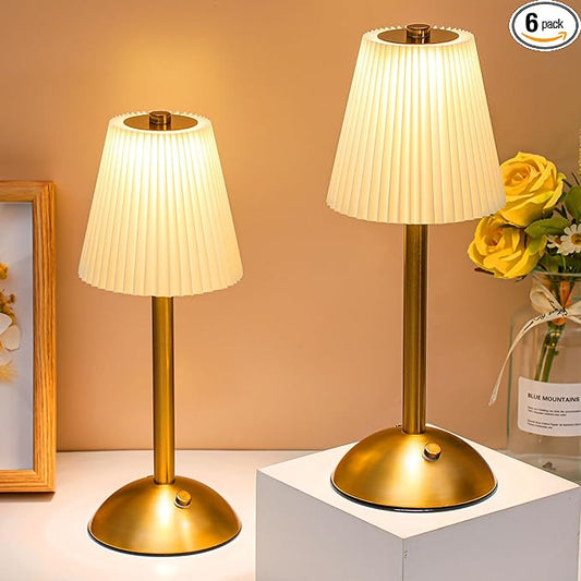Liliful 6 Pcs Cordless Table Lamp Rechargeable Touch LED Small Gold Portable Battery Operated USB-c Desk Lamp 3 Color Dimmable for Bedroom Living Room Dining (Gold,Beige Cloth Style)