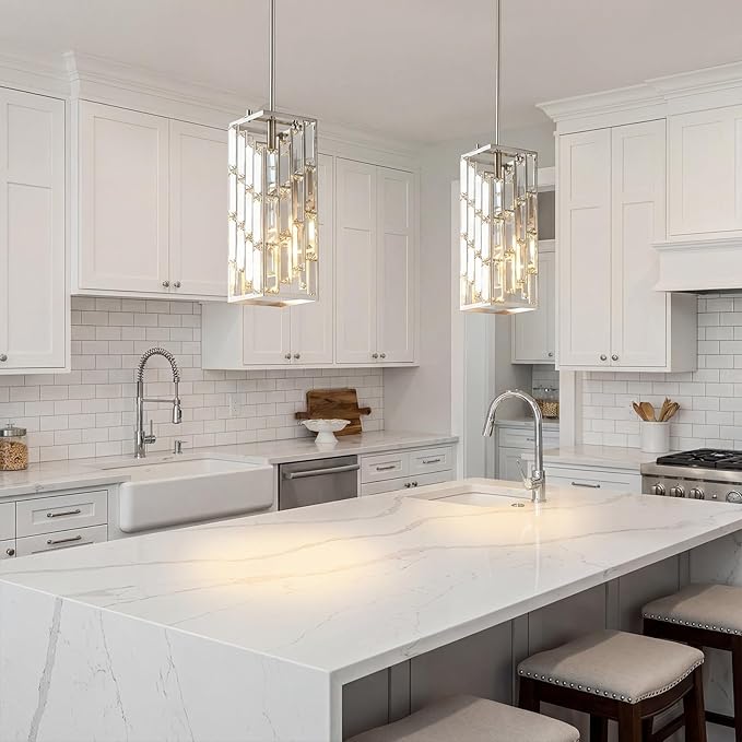 Brushed Nickel Pendant Lighting Modern Pendant Light, Mini Crystal Chandeliers,Adjustable Pendant Light Fixture for Kitchen Island Dinning Room Bedroom (1 Pack)