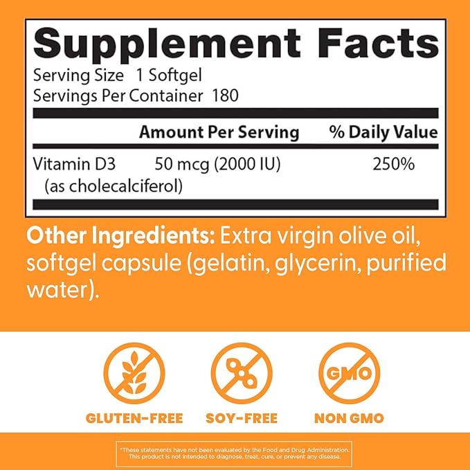 Doctor's Best Vitamine D3 2000 UI Gélules pour Hommes et Femmes - Complément de Vitamine D pour le Soutien du Système Immunitaire et la Santé Cardiaque, 50 mcg par Portion, Vit D3, Sans OGM, Sans Gluten, Sans Soja - 180 Gélules