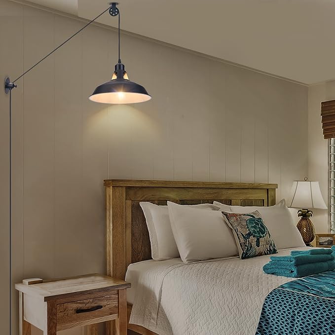 Lomoky Plug in Pulley Pendant Light with 14.76ft Cord On/Off Switch, Industrial Barn Black Hanging Lights with Plug in Cord, Pulley Wall Pendant Lamp for Kitchen Island, Pool Table, Bedroom, 1 Pack