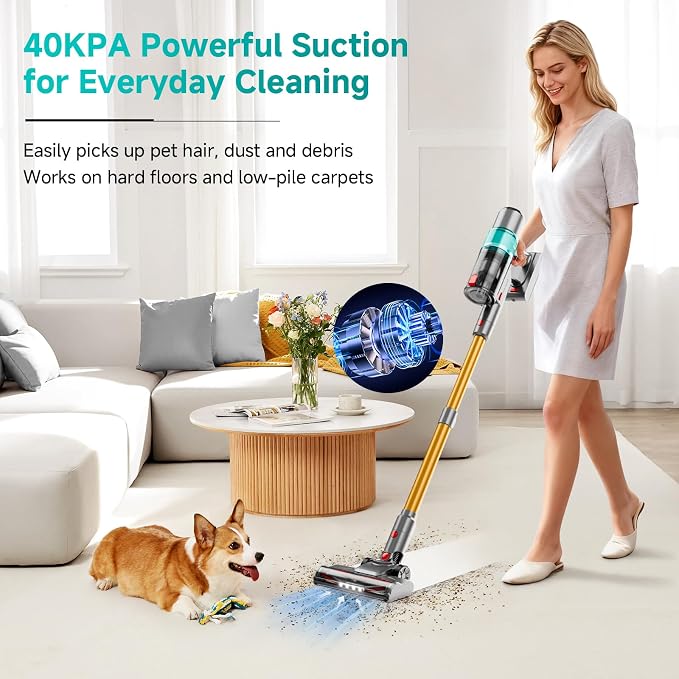 Cordless Vacuum Cleaner: Portable 6-in-1 Stick Vacuum with Anti-Tangle Brush, LED Headlight, Self-Standing, HD Display, Rechargeable Vacuum for Pet Hair, Low-Pile Carpet and Hardwood Floor-Green