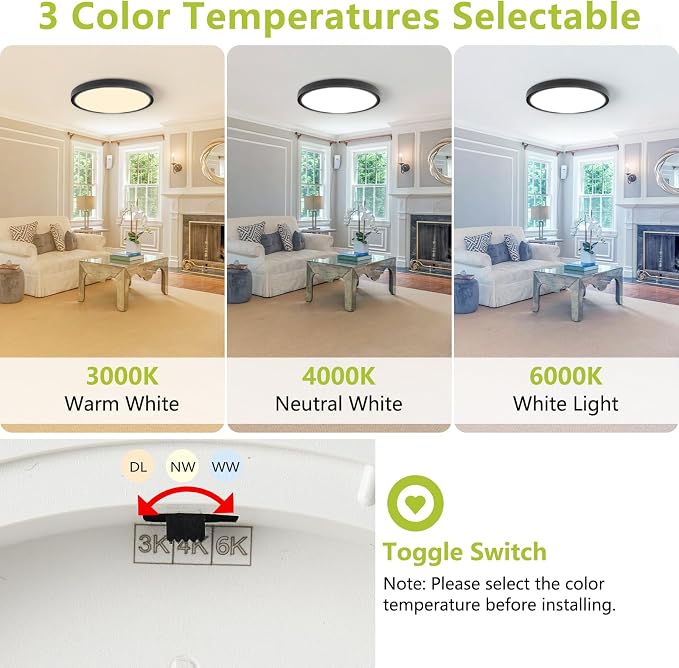 23.7 Inch LED Flush Mount Ceiling Light - Dimmable & 3 CCT Modes(3000/4000/6000K), 5000LM, 50W Ultra-Thin Low Profile Ceiling Light for Living Room, Kitchen, Hallway, Office, Black