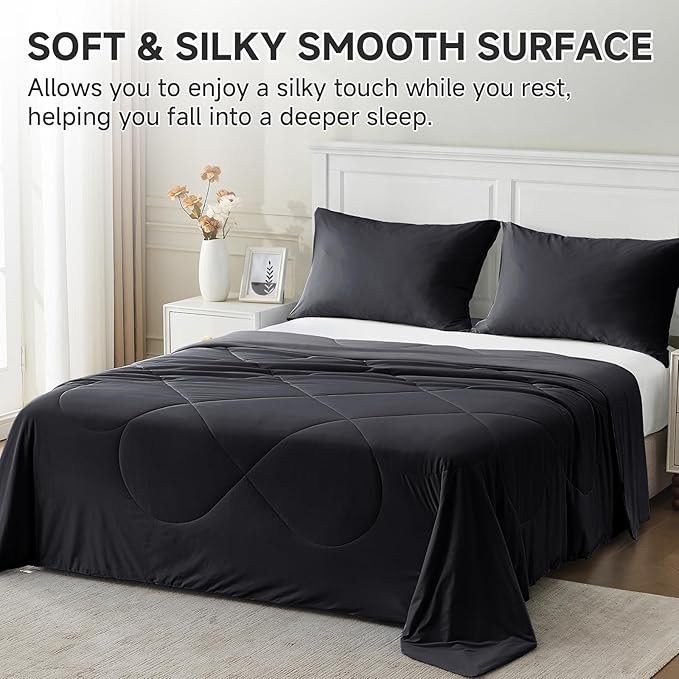 HOMFINE Cooling Comforter Twin Size, Black Summer Cooling Blanket for Hot Sleepers and Night Sweats, Japanese Double-Sided Cold Tech Fabric Q-Max 0.45, Soft Breathable Silky Smooth Lightweight