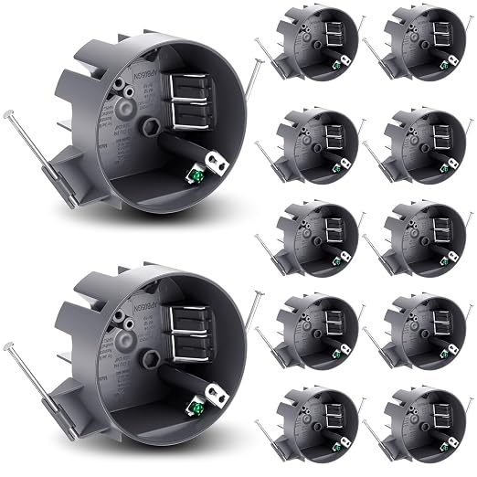 Tellegloww 12 Pcs Round Ceiling Electrical Box, 20 Cu in PVC Junction Box with Grounding Lug and Screws, Light Fixture and Ceiling Fan Installation for New Work Applications (Gray)