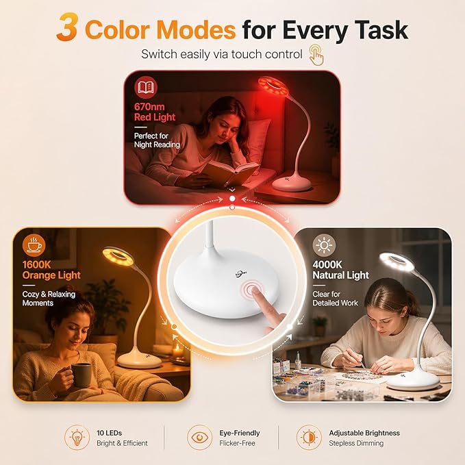 Rechargeable Desk Lamp, 3 Color Modes with Red Light Therapy & Eye Protection Orange Light, Stepless Dimming Touch Control, No Blue Light, Portable Cordless Reading Lamp for Bedroom Office Students