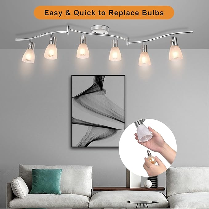 HiBay 6-Light Ceiling Light Fixture, Adjustable LED Track Lighting Kit, Modern Sliver Spotlight with Glass Shade for Kitchen Living Room Hallway, E12 Base (Bulbs Not Included)