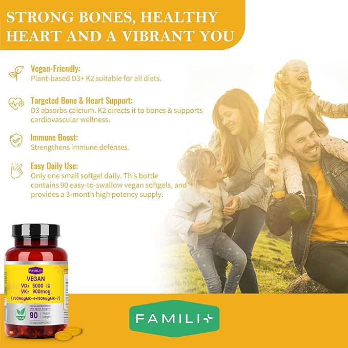 FAMILI+ 90 Days Vegan Vitamin D3 5000IU +K2 900Mcg Softgel with Coconut MCT Oil | 5000IU Plant Source Vitamin D3+750Mcg MK4+150Mcg MK7 | Broad Spectrum K2| Bone Muscel Teeth Overall Health|100% Vegan