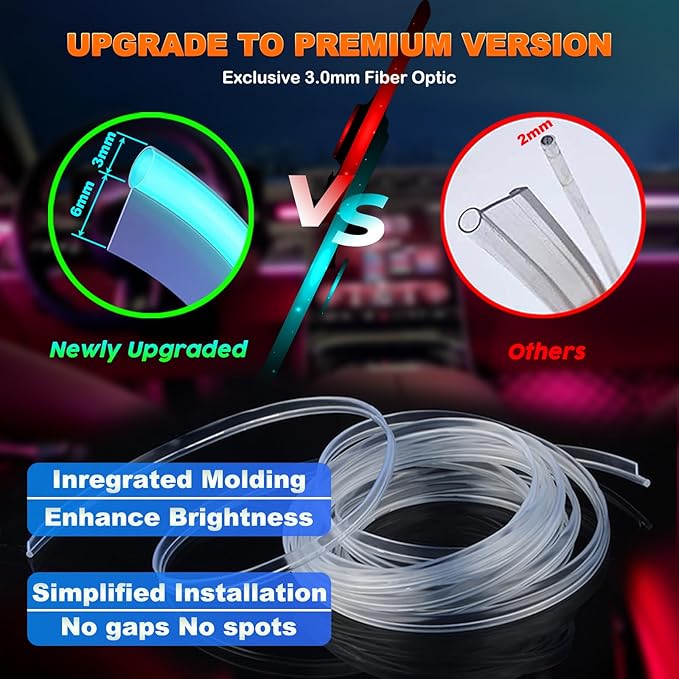 Jushope Car LED Strip Lights, USB Interior Ambient Lighting Kits with Wireless APP and RF Remote Control, 16 Million Colors Music Mode Car Decoration Lights with 315 inches 3.0mm Fiber Optic (6 in 1)