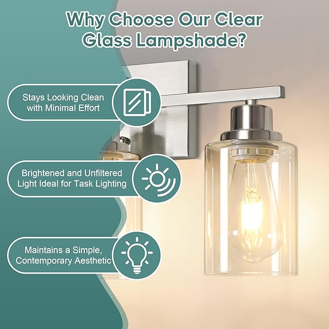 Ascher Bathroom Light Fixtures, 3-Light Vanity Light Over Mirror, Brushed Nickel Wall Sconces with Clear Glass Shades, Wall Lamp for Living Room Bedroom, E26 Base(Bulbs Not Included)