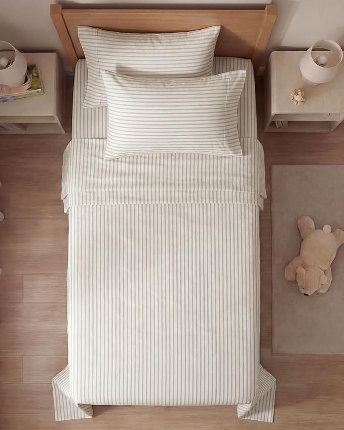 Twin 4 Piece Sheet Set - Comfy Breathable & Cooling - Soft Hotel Luxury Bedding Set with 8-16 Inch Deep Pockets - 1 Flat & 1 Fitted Sheet & 2 Pillowcases - Wrinkle Free & Easy Care - Beige Stripes 2
