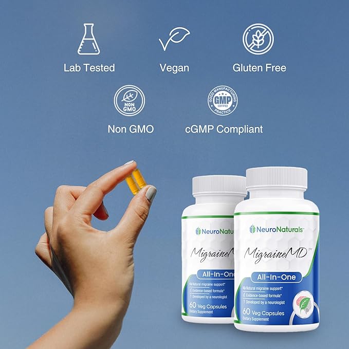MigraineMD - Prévention naturelle des migraines, soulagement des maux de tête, CoQ10, Bisglycinate de magnésium, Mélatonine, Vitamine B2, Vitamine D3, 60 gélules