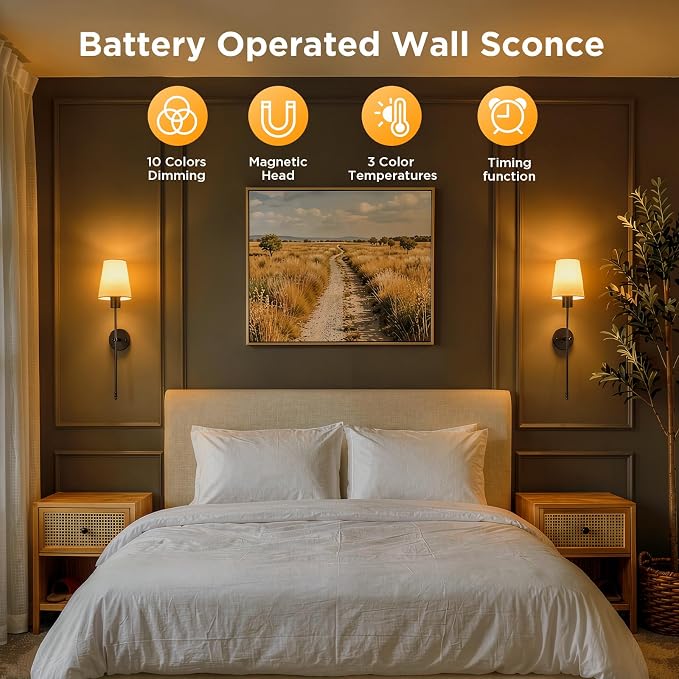 Brightown Battery Operated Wall Sconce Set of 2,Wireless Rechargeable Wall Lights with Dimmable Magnetic Bulbs and Remote for Living Room，12 Colors Black Wall Lamp for Bedroom Hallway Decor