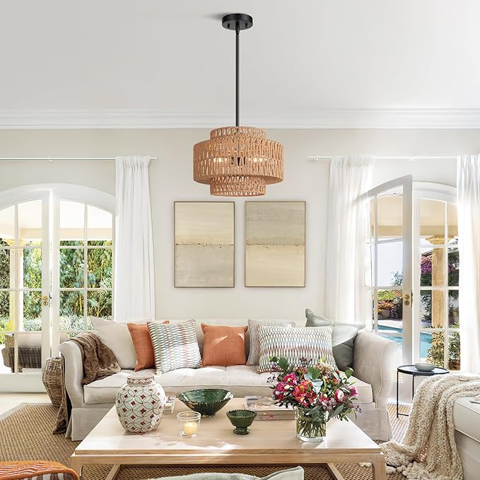 6"-41" Height Adjustable Farmhouse Chandelier Light Fixture, 3-Light Rattan Boho Chandeliers for Dining Room, Hand Woven Pendant Light with Linen Shade, Rustic Hanging Lighting for Kitchen Island