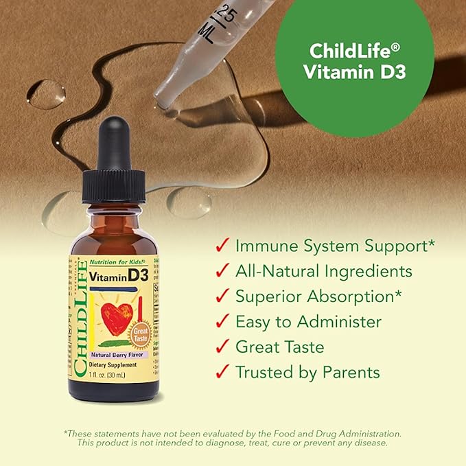 CHILDLIFE ESSENTIALS ビタミンD3 ドロップ キッズ・子供・幼児向け - 液体ビタミンDドロップ、1滴あたり500 IU、免疫と骨の健康をサポート、天然ベリー味 - 29.5ml (3個パック)