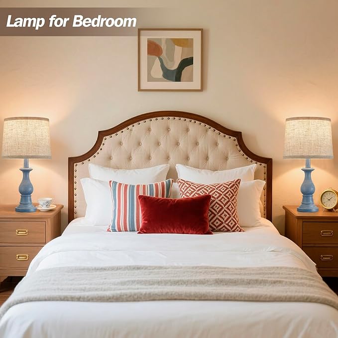 Vintage Table Lamp for Living Room Bedroom, 18.5" Farmhouse Bedside Lamps Nightstand Lamp Set of 2, Table Lamps with Oatmeal Linen Lamp Shades, 2 LED Bulbs Included, Blue