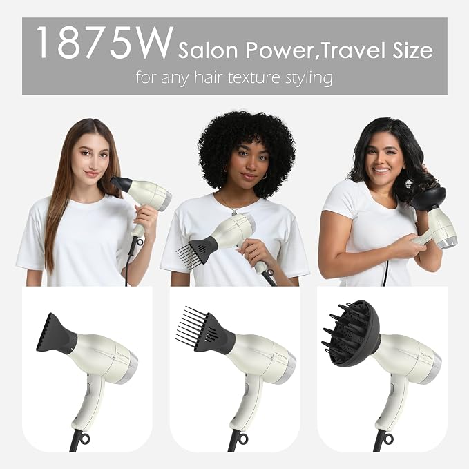 TOME Hair Dryer with Diffuser, 1875W Ionic Blow Dryer with Comb Attachment and Concentrator for Home Use, Fast Drying with Cool Shot and 2 Heat & 2 Speed Settings, 125V, White