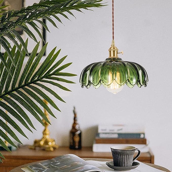 XZHGCEE Hanging Lamp Plug in Pendant Light: Green Hanging Light Plug in Hanging Lamp, Glass Pendant Lighting for Kitchen Island, Bedroom, Dining Room, Living Room, E26 No Bulb