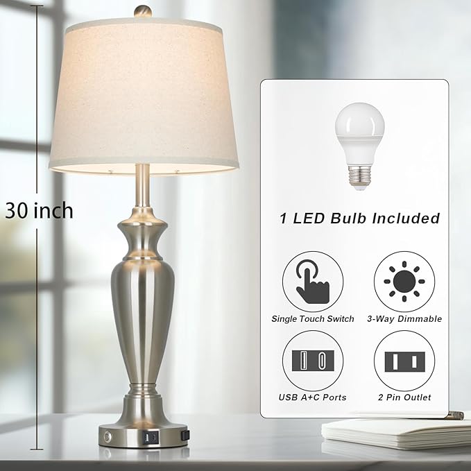 Cinyirong 30" Tall Silver Table Lamp for Living Room, 3-Way Dimmable Touch Control Bedside Lamp for Bedroom Nightstand with USB A+C Ports & AC Outlet (1 Pack)