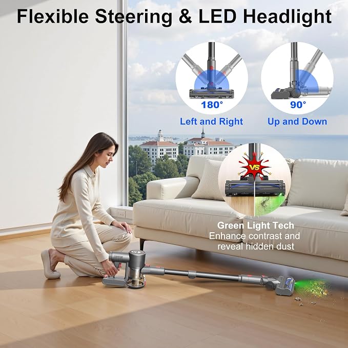 Cordless Vacuum Cleaner, 45KPA Powerful Stick Vacuum with LED Display Design, Tangle-Free Brush, Self-Standing, HEPA Filter, for Pet Hair, Carpet, Hardwood - Black