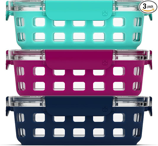 Ello Duraglass 3.4 Cup Meal Prep Sets 6Pc, 3 Pack Set- Glass Food Storage Container with Silicone Sleeve and Airtight BPA-Free Plastic Lids, Dishwasher, Microwave, and Freezer Safe, Berry