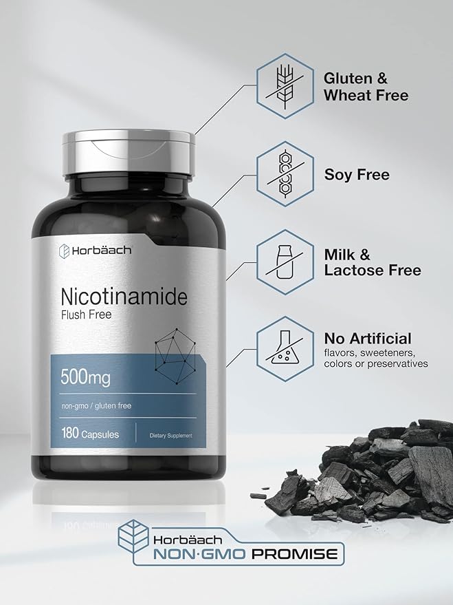 Horbäach Nicotinamide 500mg | 180 Gélules | Complément Alimentaire Sans Rougeurs | Vitamine Sans OGM et Sans Gluten