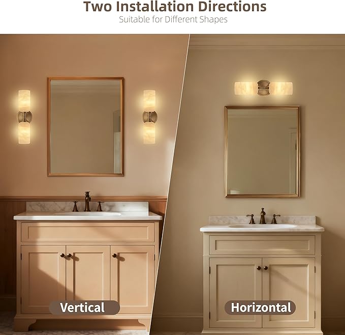 Alabaster Wall Sconce, Solid Brass Sconce with Natural Spanish Alabaster, 14.4 in Vanity Lights for Bathroom, Hardwired Wall Lamp for Bedroom Staircase Hallway, G9 LED Bulb, Set of 2