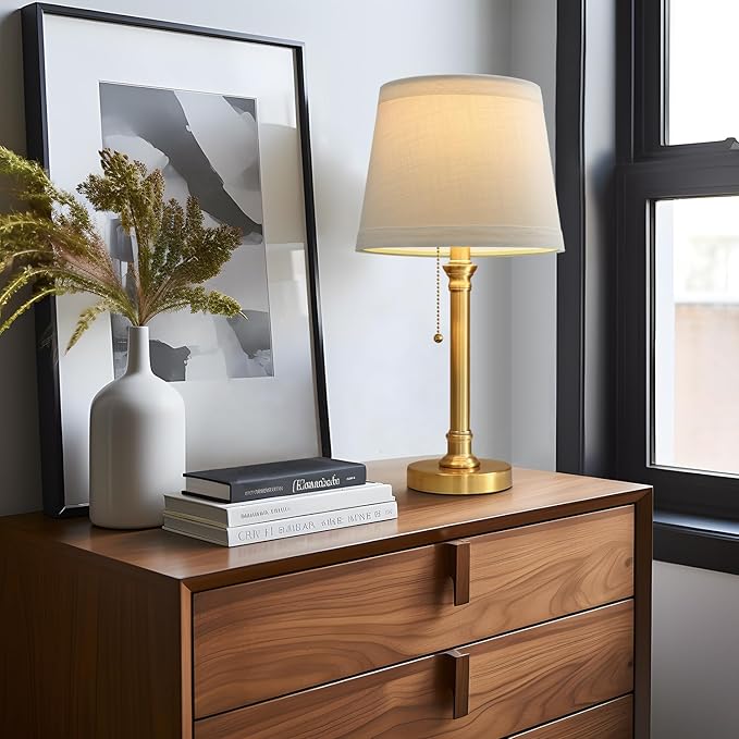 Oneach Modern Gold Brass Table Lamp Set of 2 for Bedroom Living Room 19.5'' Traditional Bedside Desk Nightstand Buffet Candlestick Samll Lamps with White Drum Shade