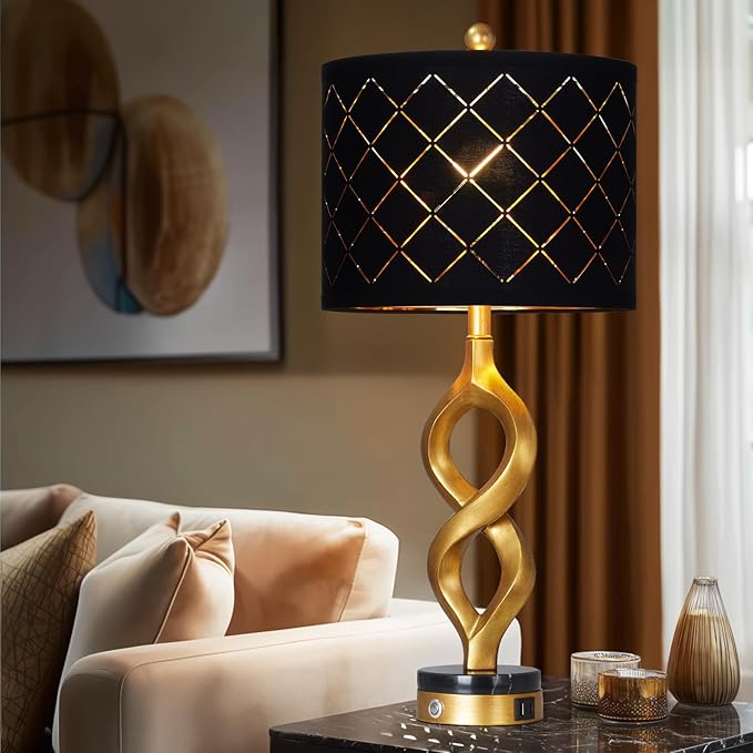 Cinyirong 30" Black and Gold Table Lamp for Living Room, Modern Touch Control Bedside Lamp for Bedroom, 3-Way Dimmable Sculptural Resin Nightstand Lamp with USB A+C Ports and 1 LED Bulb (1 Pack)