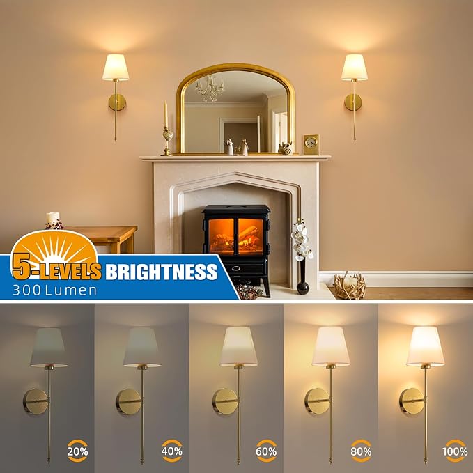 NIORSUN 19.9 inch Battery Operated Wall Sconce Set of 2,Gold Rechargeable Wall Lights with 10400mAh Dimmable Detachable Bulbs and Remote,10 Colors Wireless Sconces for Bedroom Living Room Hallway