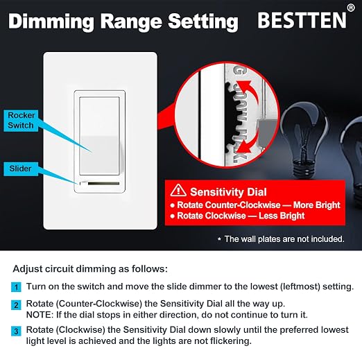 BESTTEN 10 Pack Dimmer Light Switch, Single Pole or 3-Way, Slide Dimmer Switches, Compatible with Dimmable LED, CFL, Incandescent and Halogen Bulb, Neutral Wire Not Required, 120VAC, UL Listed, White