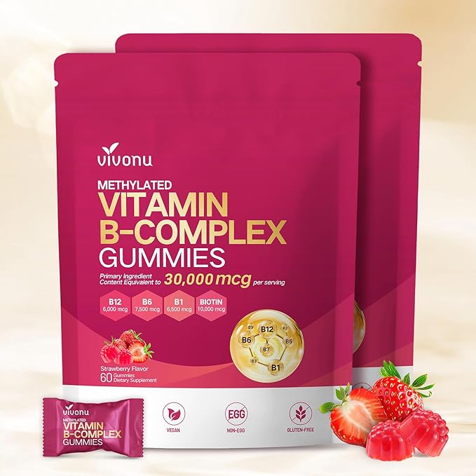 Gummies de Complexe de Vitamines B VivoNu, 6000 mcg de Vitamine B12 Méthylée, avec B6 B1, B2, B3, B5, B7, Méthylfolate, Vitamines A C D E, Véganes, Sans OGM, Vitamine B Complexe Méthylée (2 Sacs)