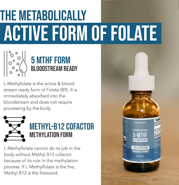 Organic Methyl Folate 1000 mcg + Methyl B12 Cofactor (300 Servings) – Metabolically Active 5-MTHF Form, Organic Berry Flavor, Liquid Sublingual Form – Mood, Cognition, Methylation, Pregnancy (1oz)