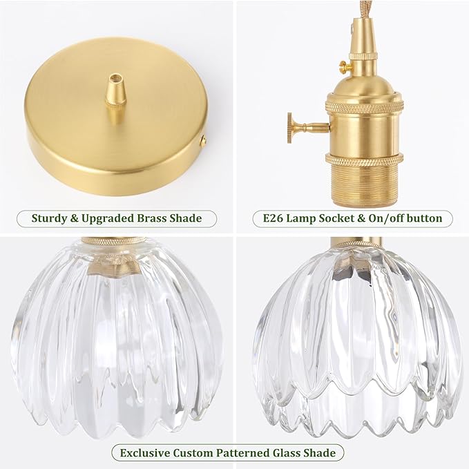 Shenmoyl Pendant Light 2 Pack with Clear Tulip Glass Lmapshade, Brass Vintage Pendant Light Adjustable Hanging Light for Kitchen Island Dining Room Hallway