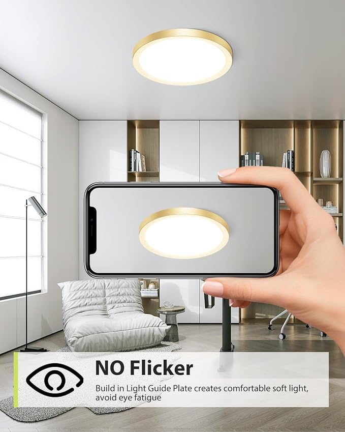 hepside 4PACK Flush Mount LED Ceiling Light Fixture Golden, 12Inch 28W, Dimmable 3000K-4500K-6000K Ceiling Lamp 3200LM Low Profile Ceiling Light for Kitchen Bedroom Hallway