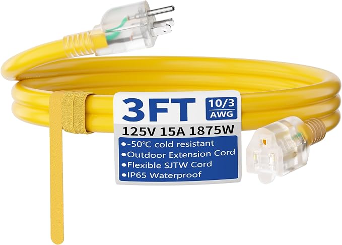 3ft Outdoor/Indoor Extension Cord with Lighted 10/3 Gauge Ultra 3 Prong Heavy Duty SJTW, Waterproof, Flexible Cold-Resistant,15A 125V 1875W, Yellow